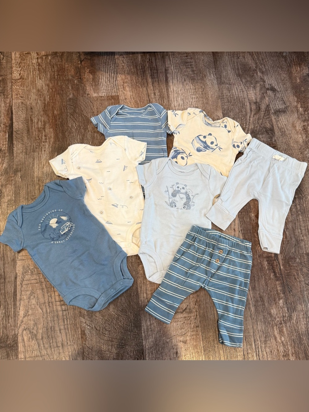 Carters 7 Piece Blue Adventure/Panda Bear Bundle 5 Bodysuits 2 Pants 3 Months